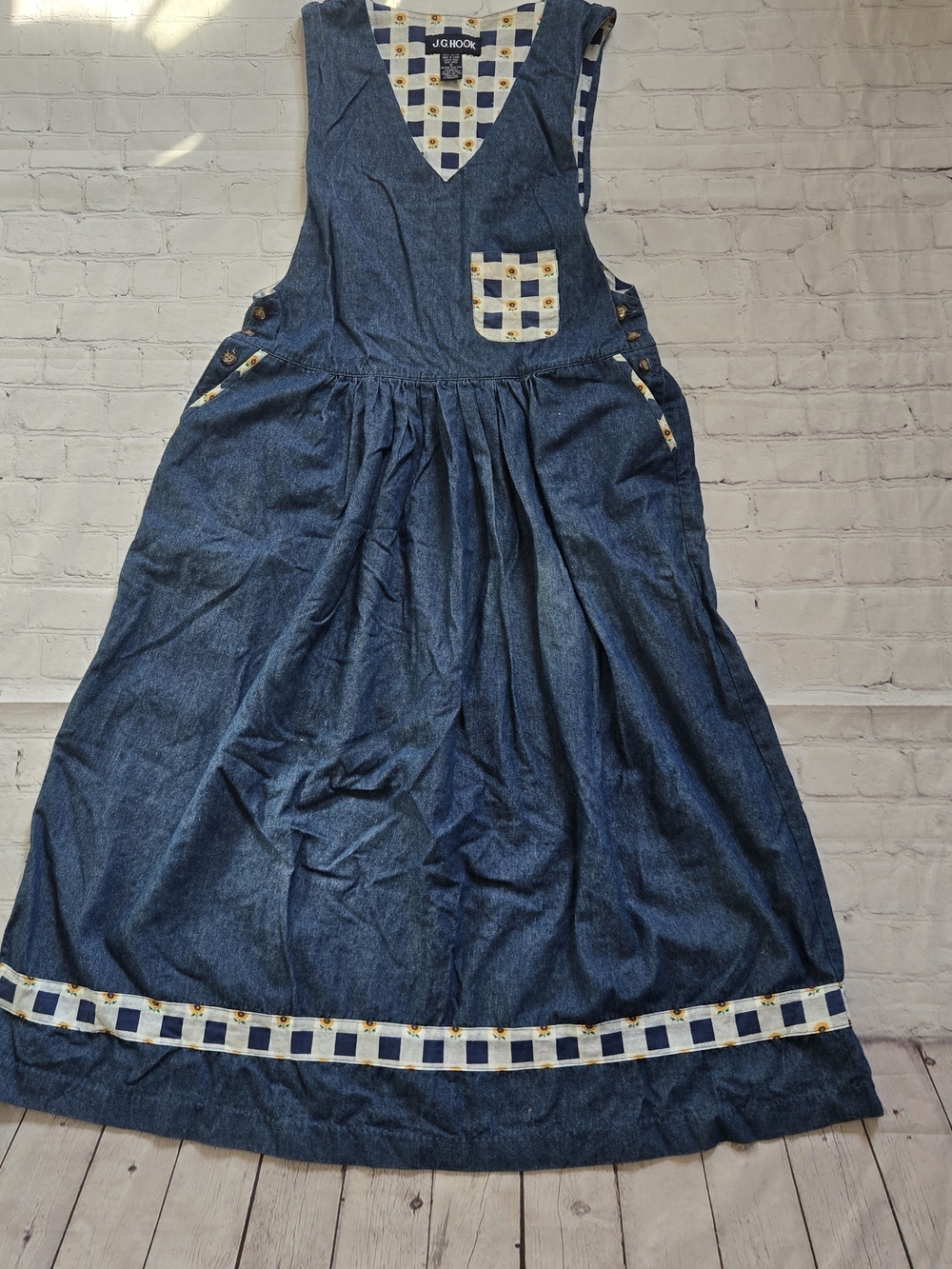 Vtg 90s JG Hook Denim Sunflower Patches Jumper Dress Autumn Fall CottageCore 12